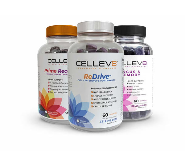 Cellev8 Peak Performer Bundle featuring ReDrive, Prime Recovery, and Focus & Memory gummies