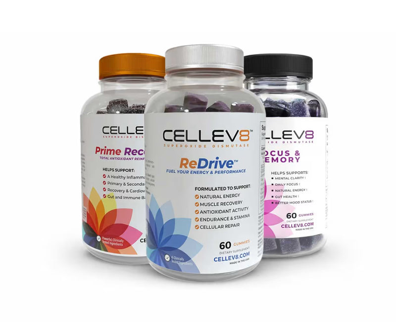 Cellev8 Peak Performer Bundle featuring ReDrive, Prime Recovery, and Focus & Memory gummies